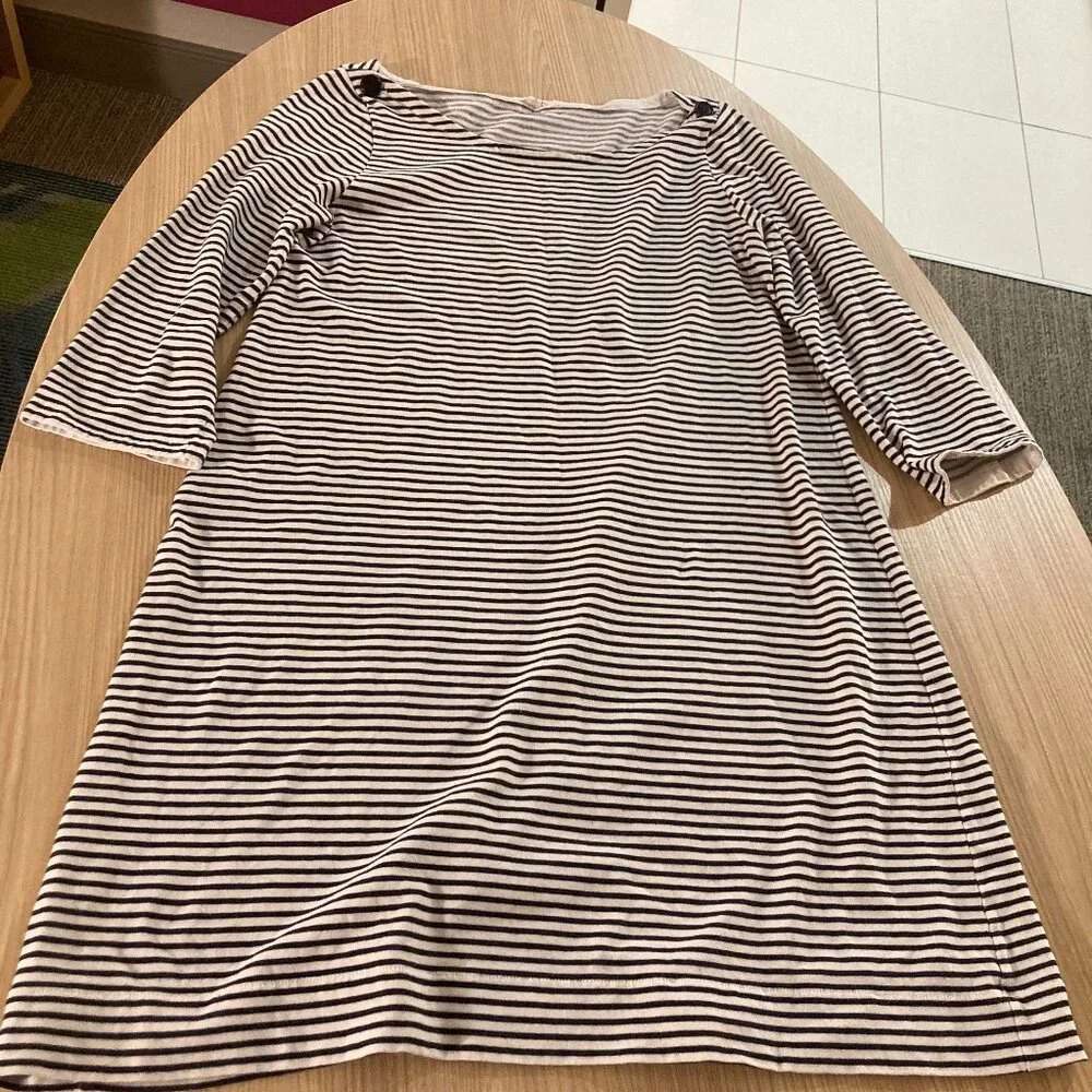 J. Crew Black and White Striped Dress Medium Long Sleeve Short Casual Neutral